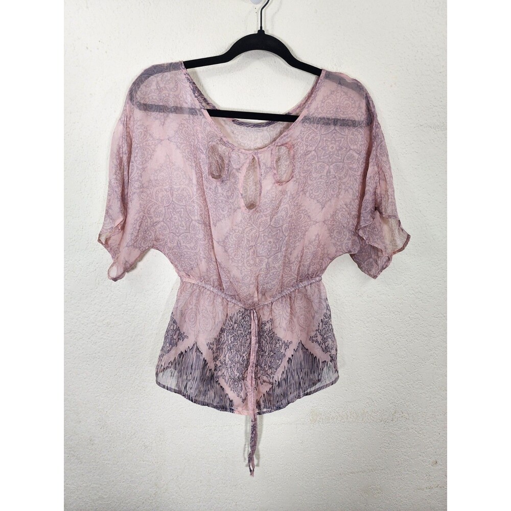 GLAM Womens Top Small Sheer Pink 100% Silk Paisley Keyhole Y2K Fairycore